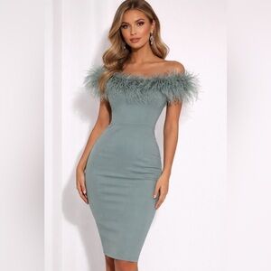 Club L London Bardot Feather Midi Dress Duck Egg Blue